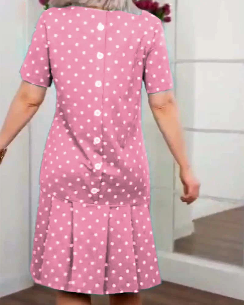 Casual Polka Dot Printed Dress with Short Sleeves & Relaxed Fit