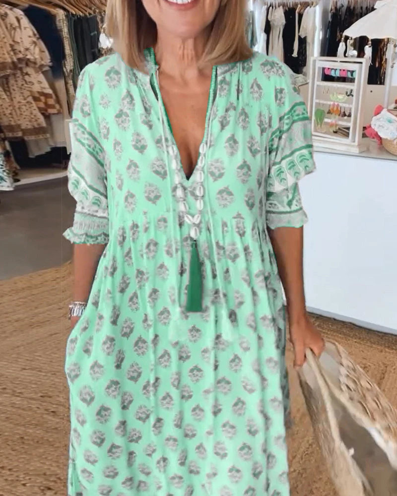 Casual Printed V-Neck Dress with Half Sleeves & Relaxed Fit
