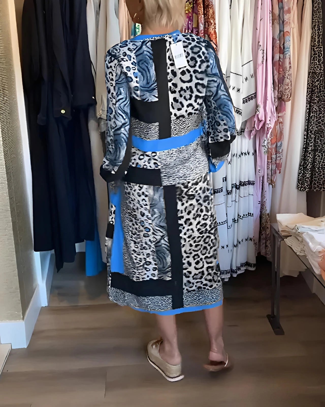 Leopard Print Geometric Midi Dress with Sleeves and Waist Tie