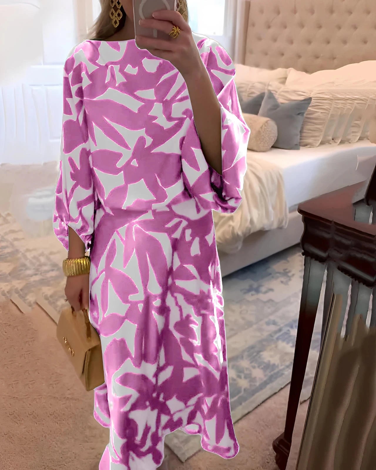 Printed Two-Piece Set Dress with Relaxed Fit & Lantern Sleeves