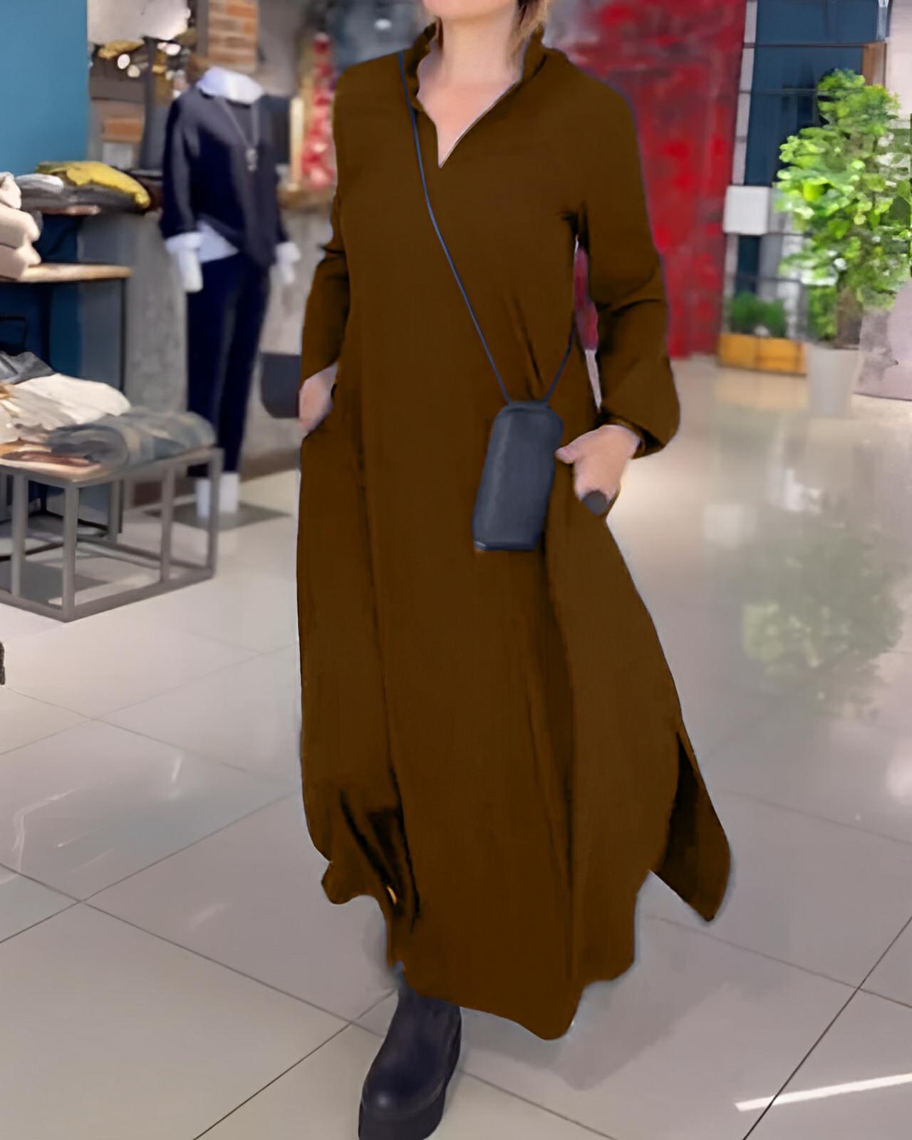 Loose Fit Maxi Dress with Slit – Casual Long Sleeve