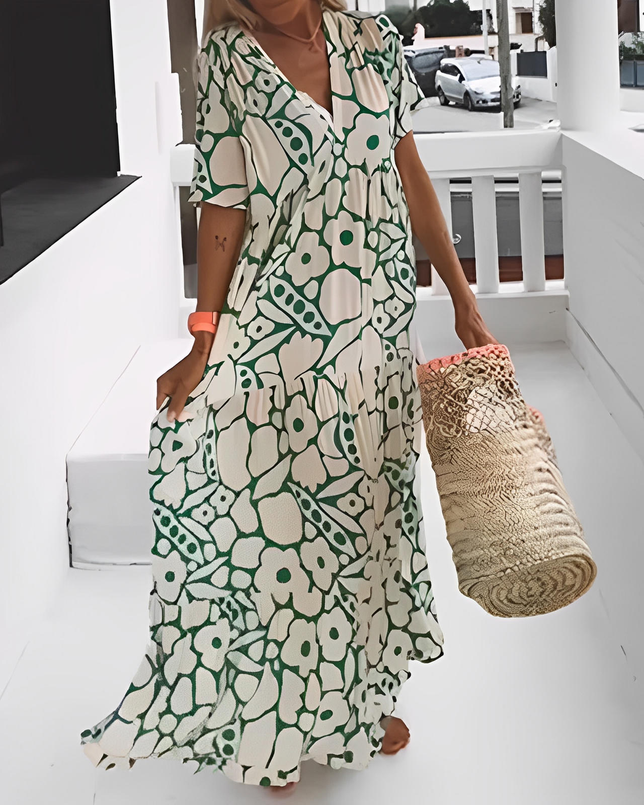 Printed Loose-Fit Dress with V-Neckline