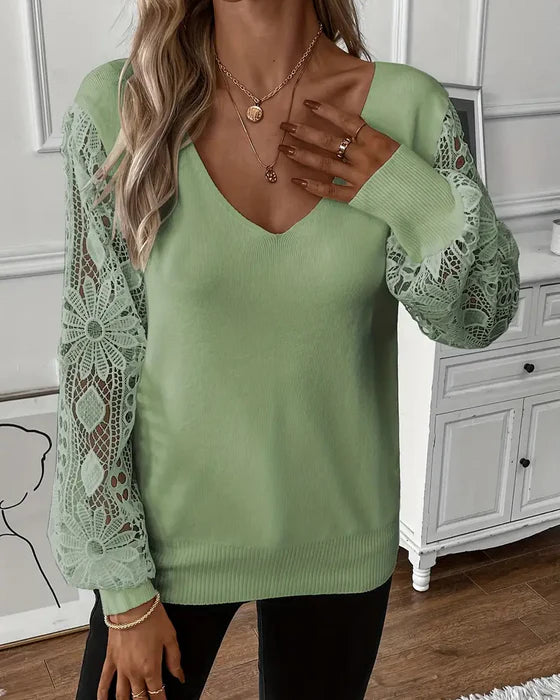 Trendy V-Neck Hollow-Knit Sweater with Lightweight Ajour Detail