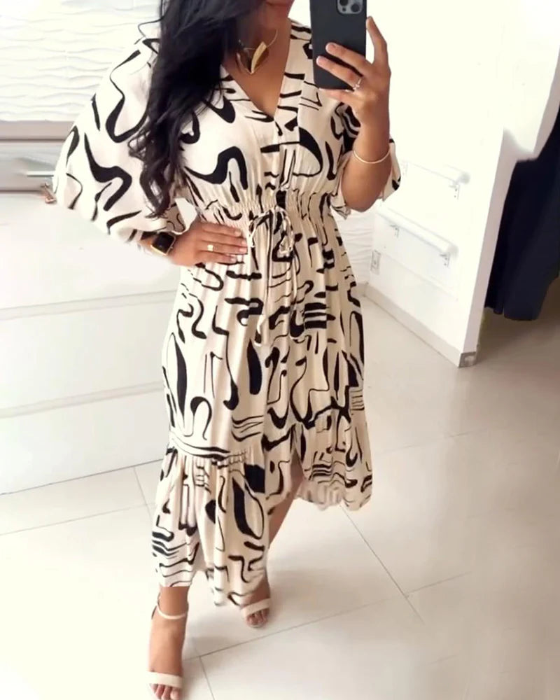 V-Neck Waist Dress with Ink Print & Short Sleeves