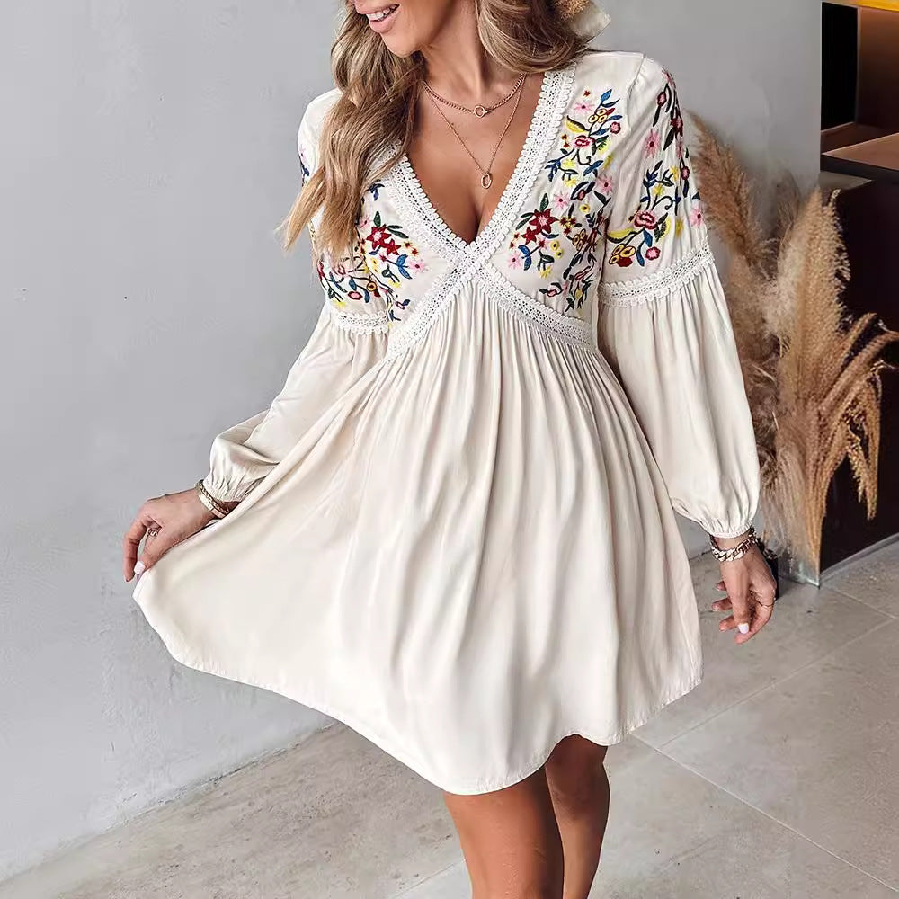 Women's Clothing Embroidered V-neck Casual Dress