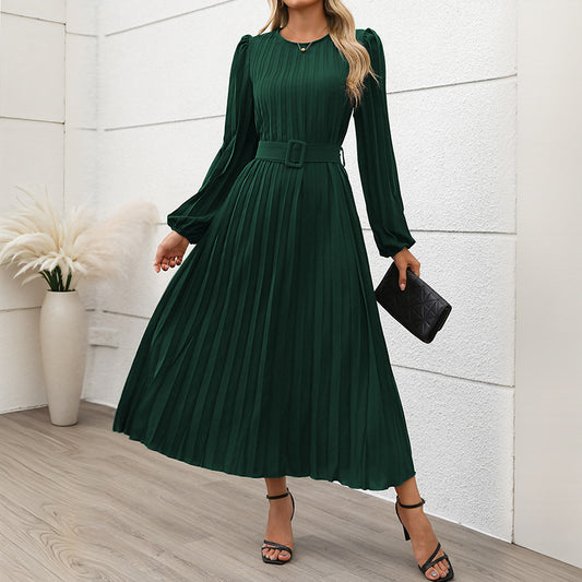 Long Sleeve Pleated Round Neck Dress For Women