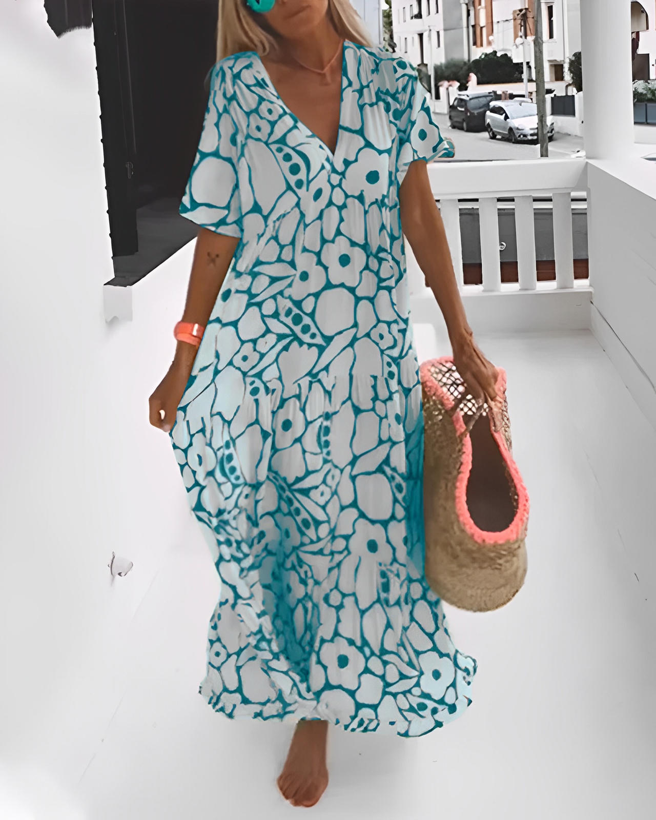 Printed Loose-Fit Dress with V-Neckline