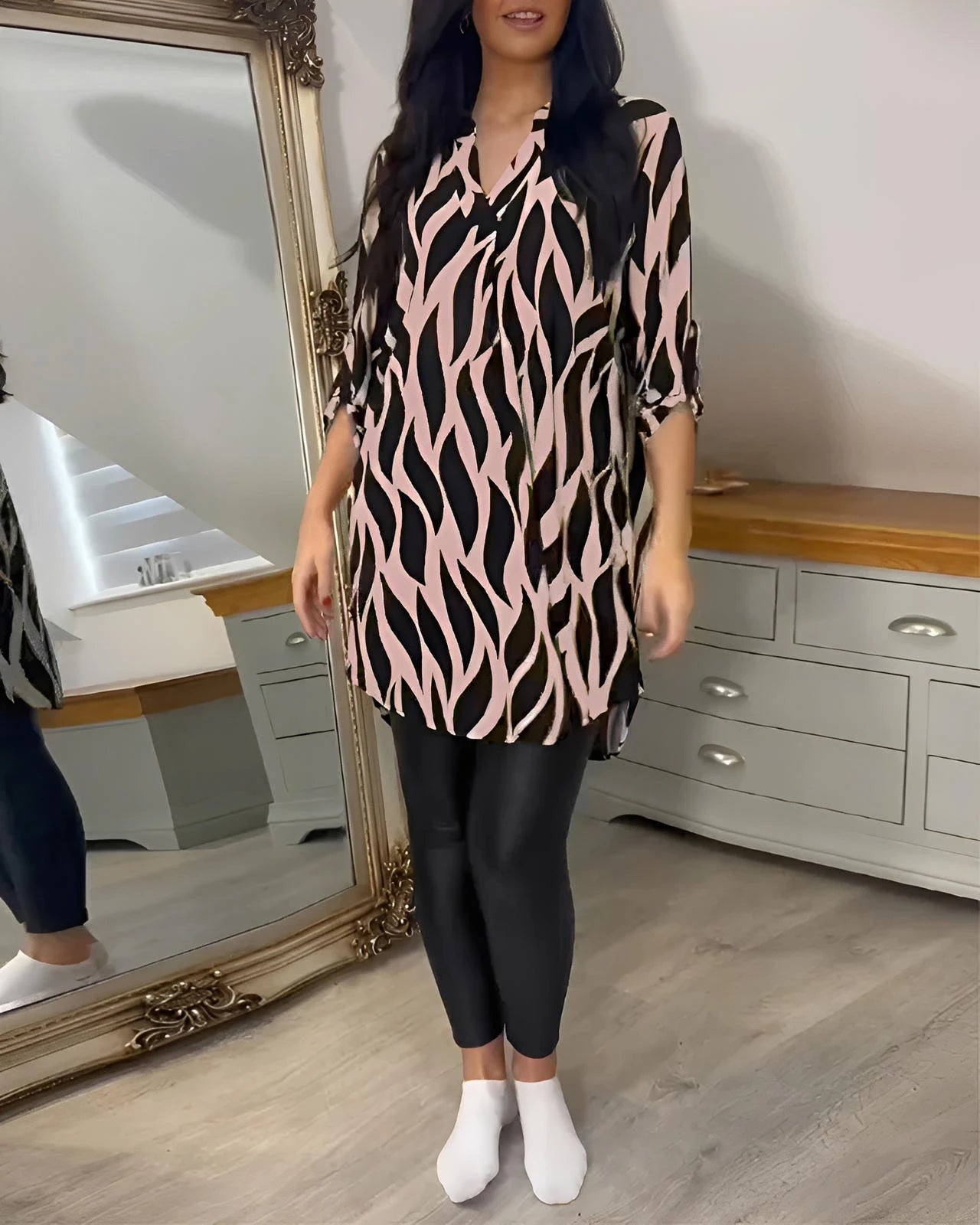 Relaxed Fit Women’s Blouse with V-Neck & Short Sleeves