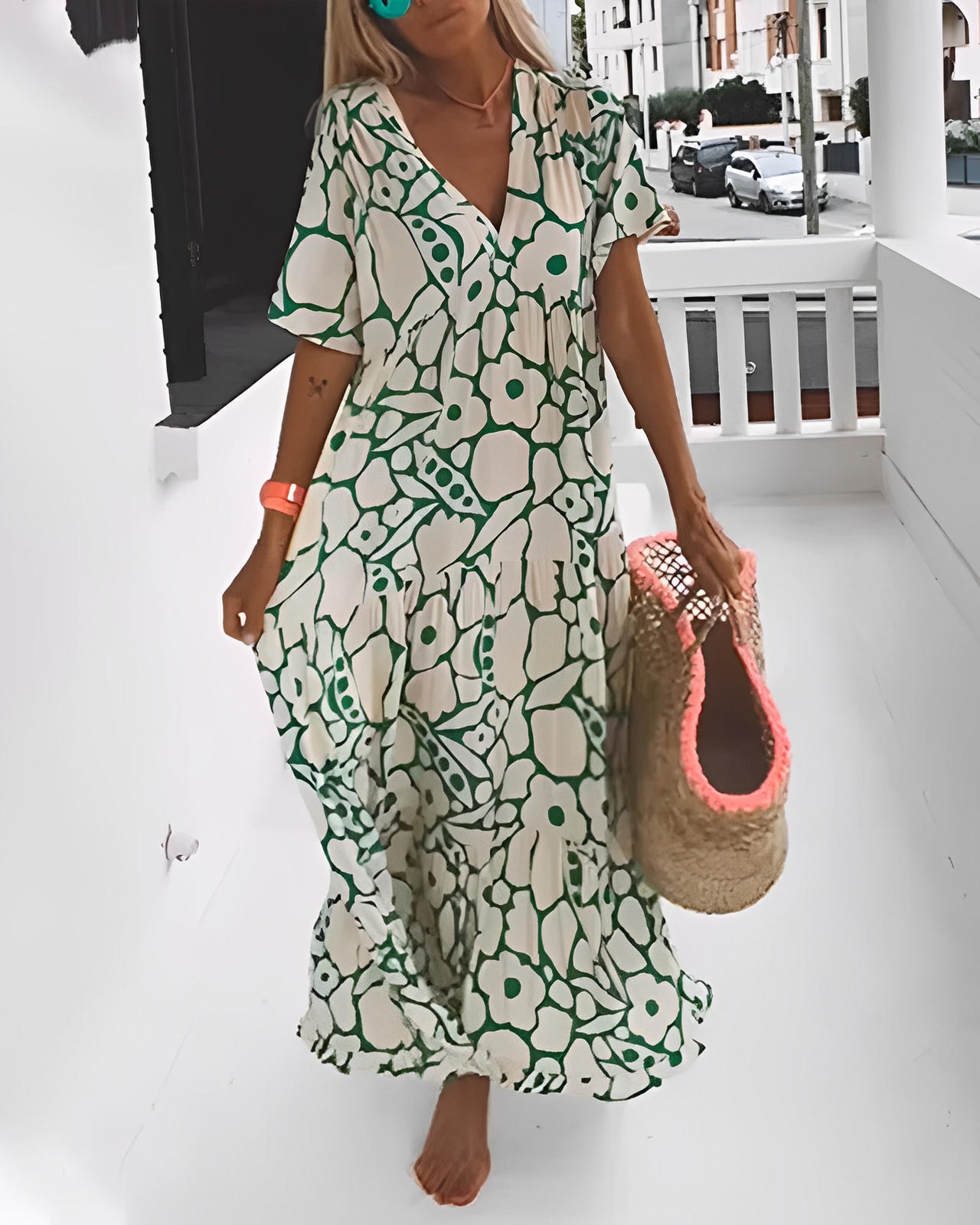 Printed Loose-Fit Dress with V-Neckline