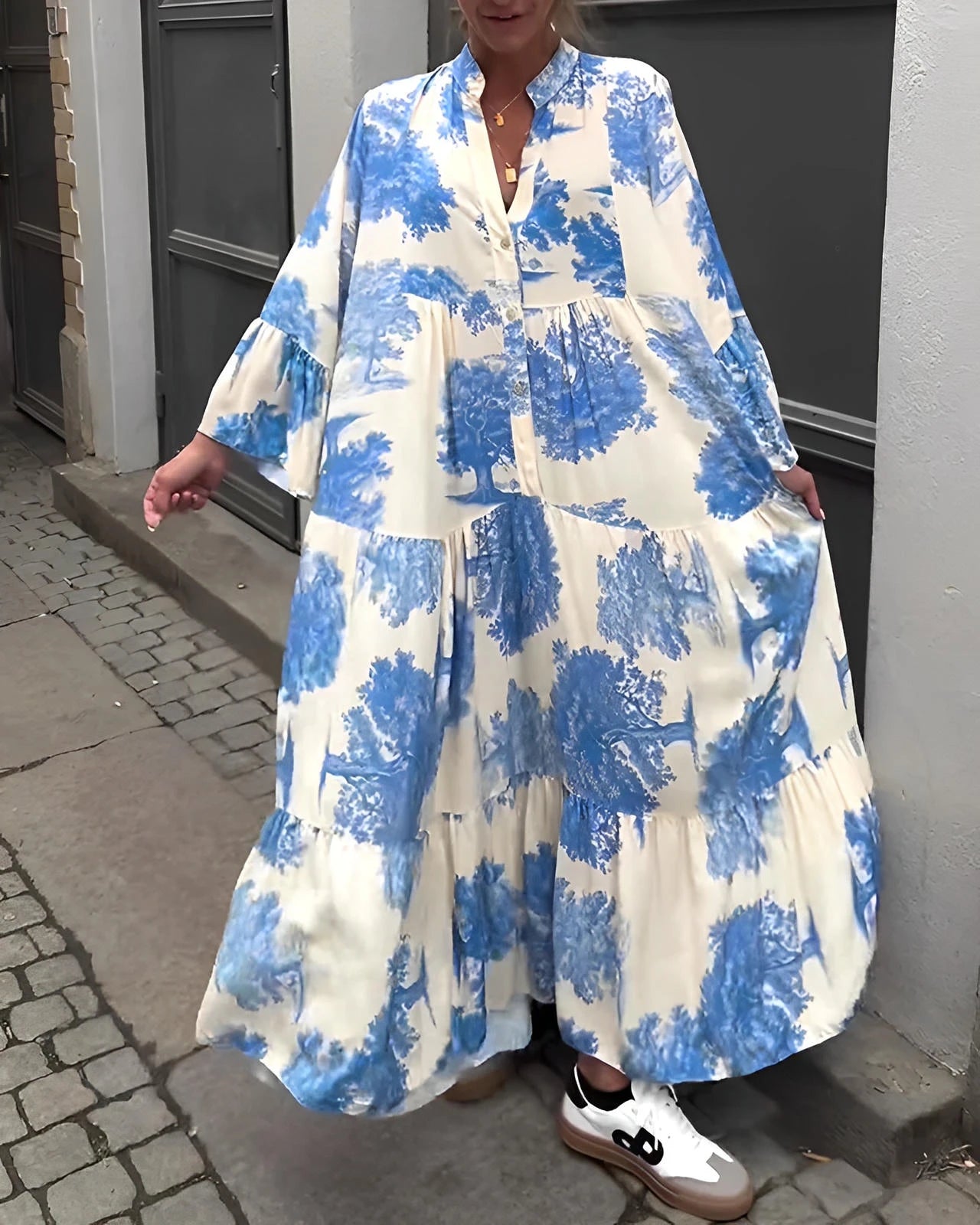 Loose Printed V-Neck Patchwork Dress with Flared Sleeves