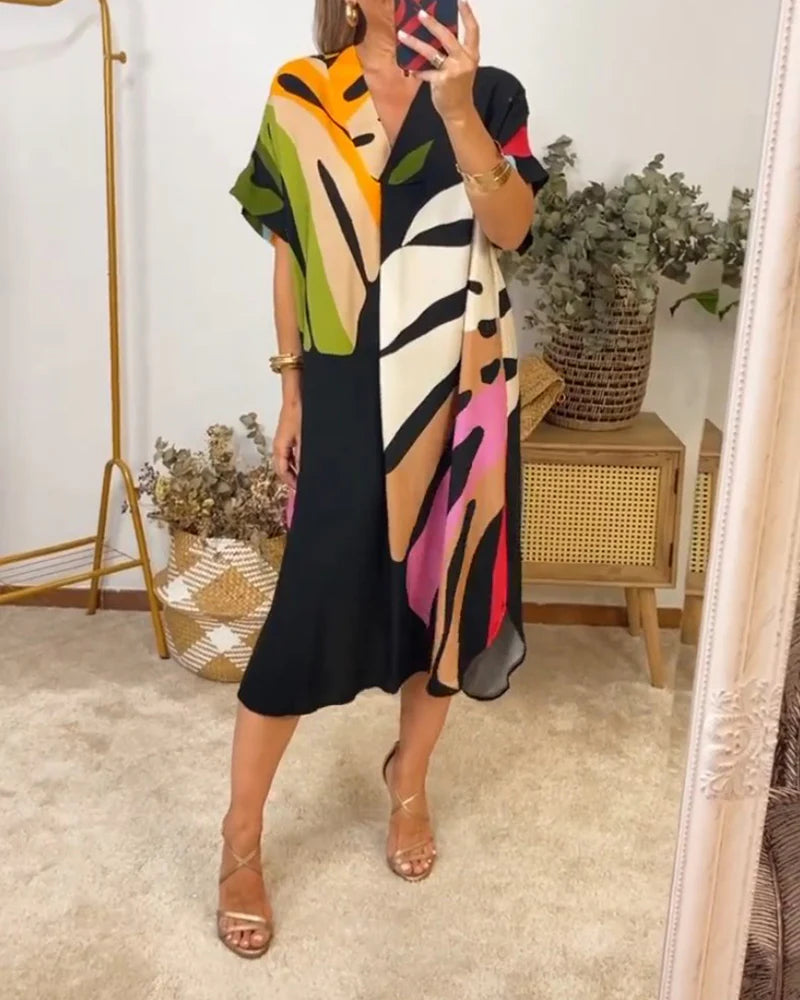 Colourful Relaxed Fit Dress with Leaf Print & Short Sleeves