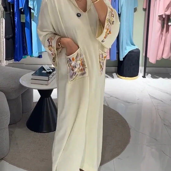 Casual Embroidered Hoodie Dress with Pockets & Relaxed Fit