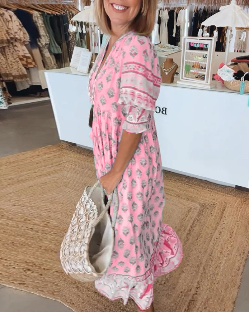 Casual Printed V-Neck Dress with Half Sleeves & Relaxed Fit