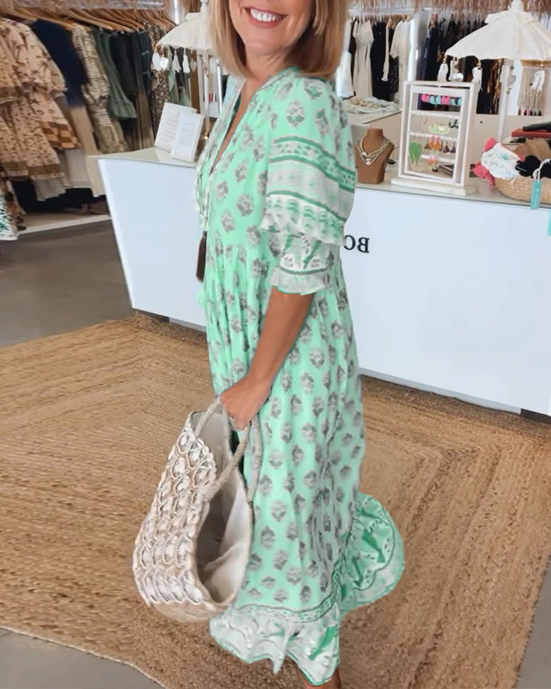 Casual Printed V-Neck Dress with Half Sleeves & Relaxed Fit