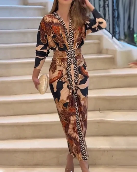 Elegant Printed Bodycon Dress with Side Slit