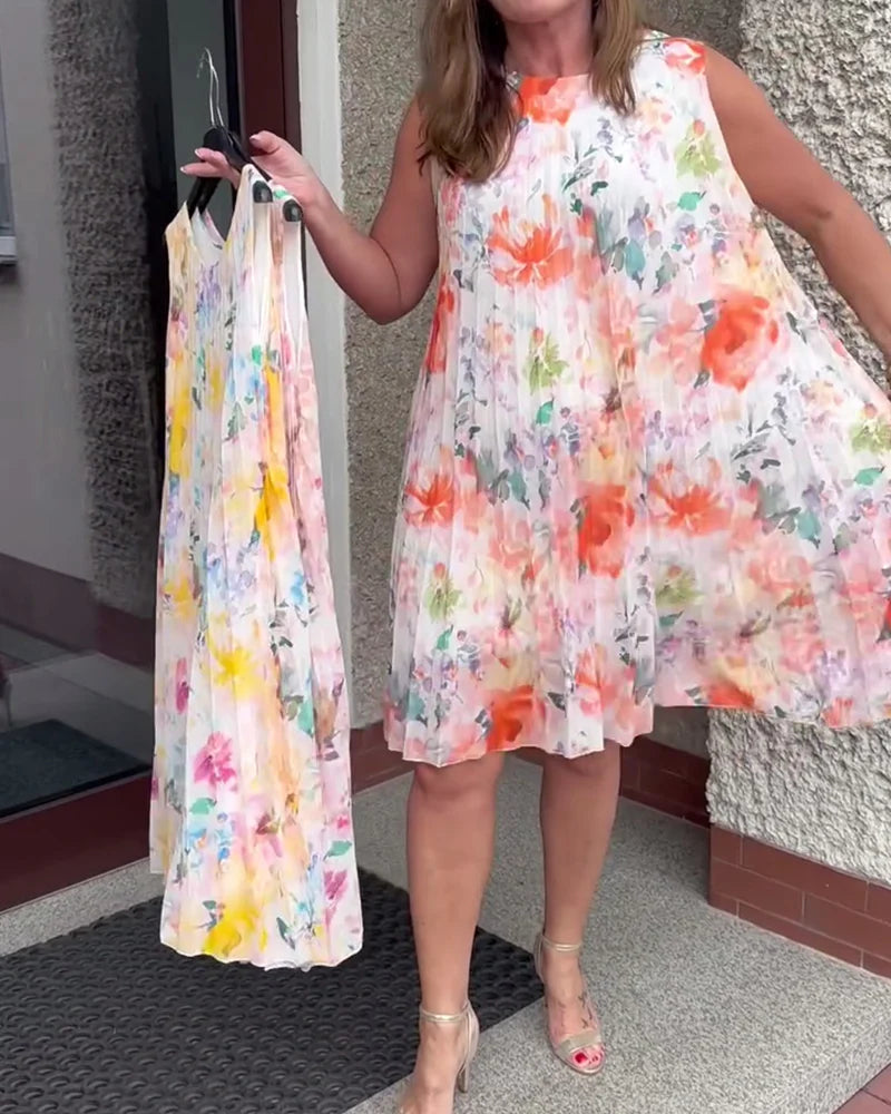 Sleeveless Pleated Floral Print Midi Dress with Defined Waist