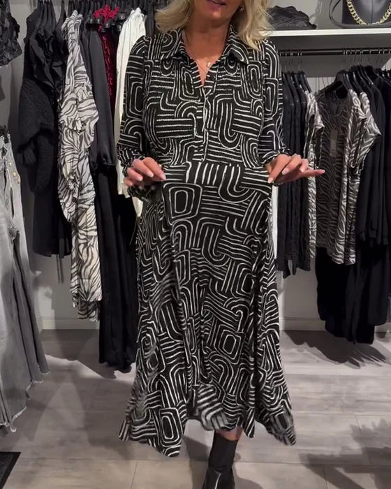 Printed Dress with Lapel Collar & Fashion Detailing