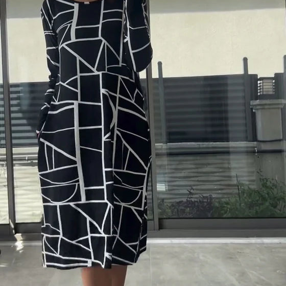 Casual Printed Long Sleeve Dress with Round Neckline (