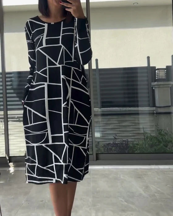 Casual Printed Long Sleeve Dress with Round Neckline (