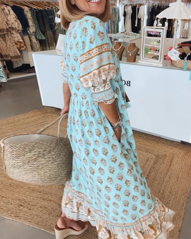 Casual Printed V-Neck Dress with Half Sleeves & Relaxed Fit