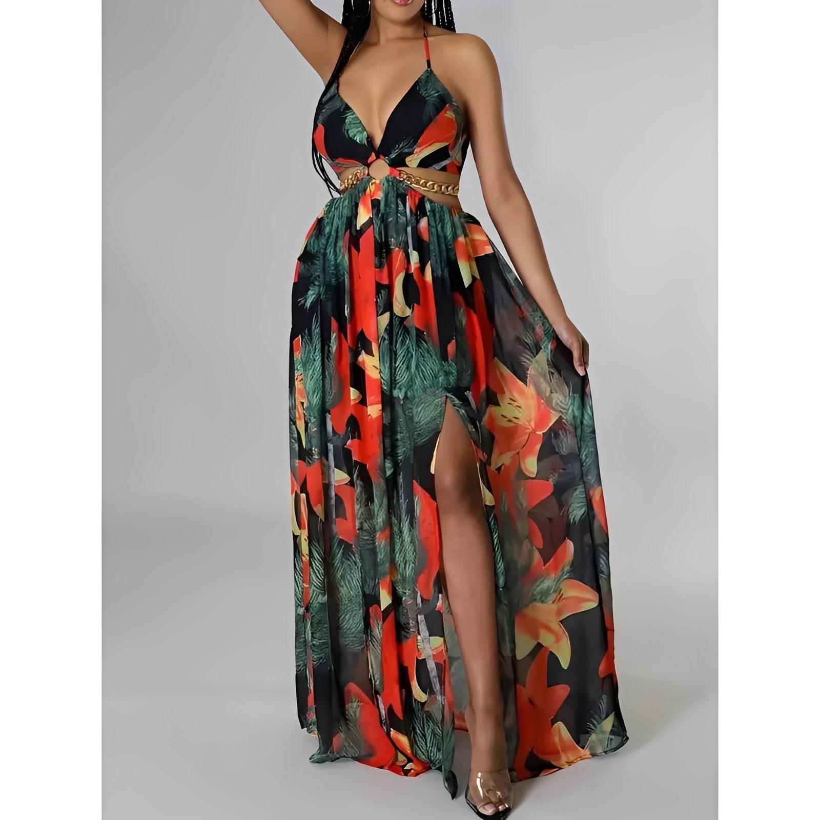 Floral Halter Split Maxi Dress — Backless Cut-Out Evening Look