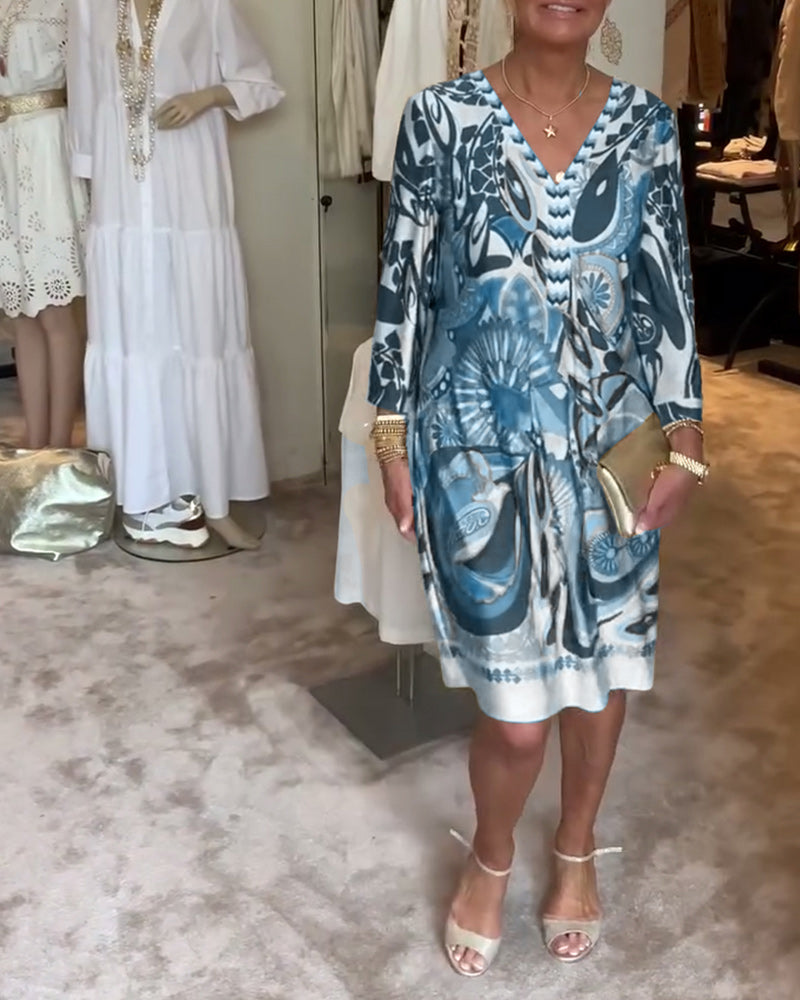 V-Neck Midi Dress Dress with Retro Print