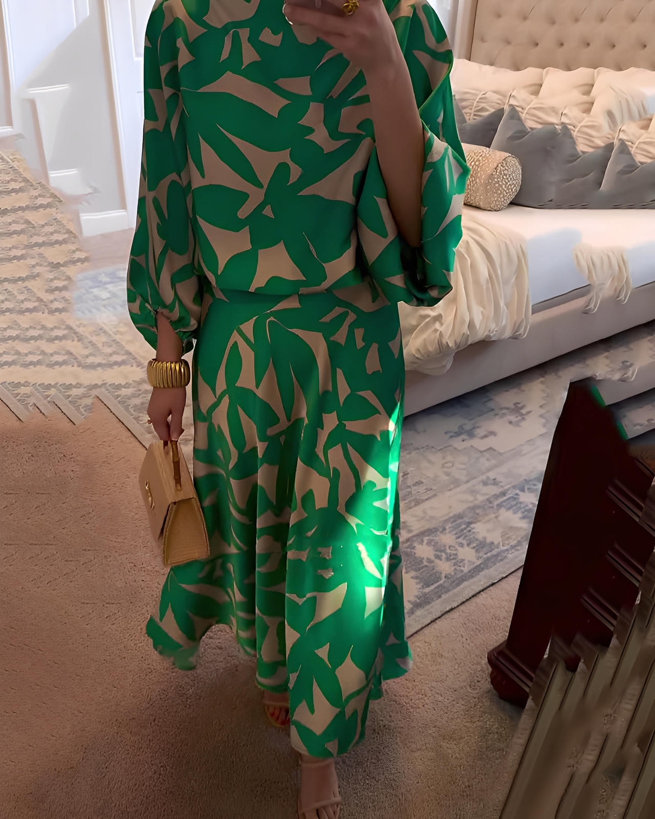 Printed Two-Piece Set Dress with Relaxed Fit & Lantern Sleeves