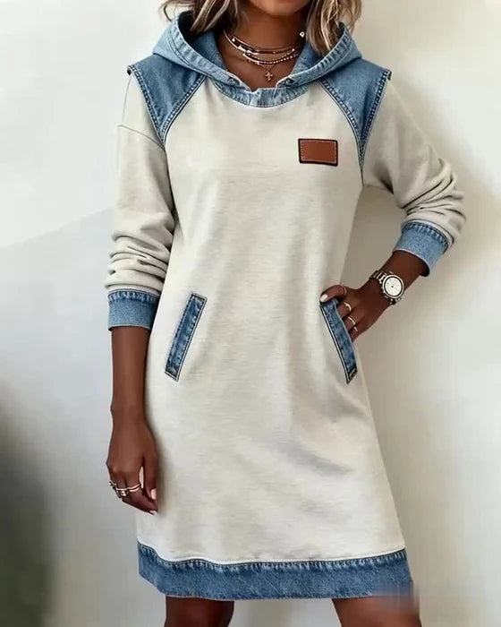 Hooded Dress with Contrast Panels & Relaxed Fit