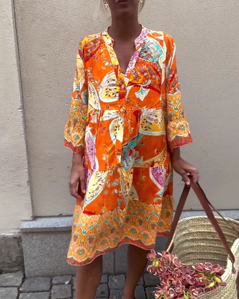 Bohemian Print Dress with Relaxed Fit & Long Sleeves