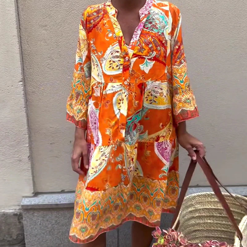 Bohemian Print Dress with Relaxed Fit & Long Sleeves