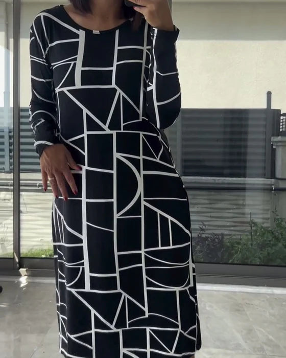 Casual Printed Long Sleeve Dress with Round Neckline (