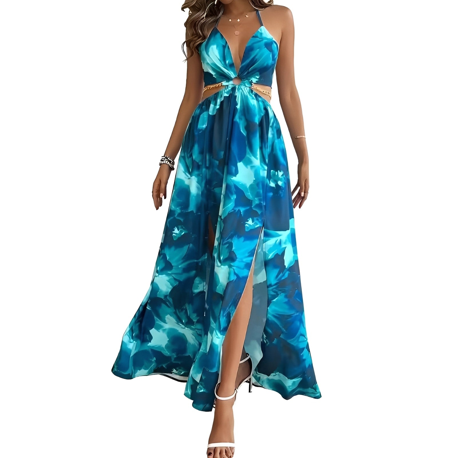 Floral Halter Split Maxi Dress — Backless Cut-Out Evening Look