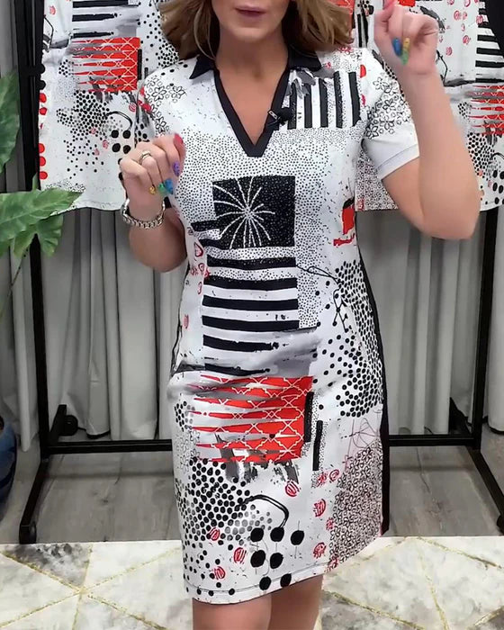 V-Neck Commuter Style Dress with Short Sleeves & Relaxed Fit