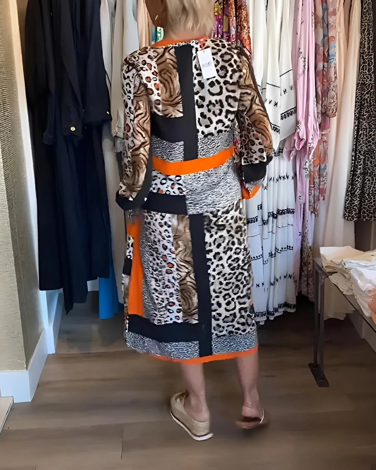Leopard Print Geometric Midi Dress with Sleeves and Waist Tie