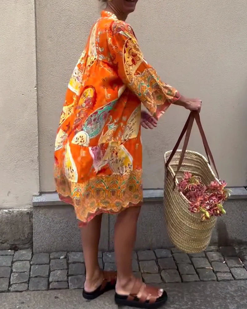 Bohemian Print Dress with Relaxed Fit & Long Sleeves