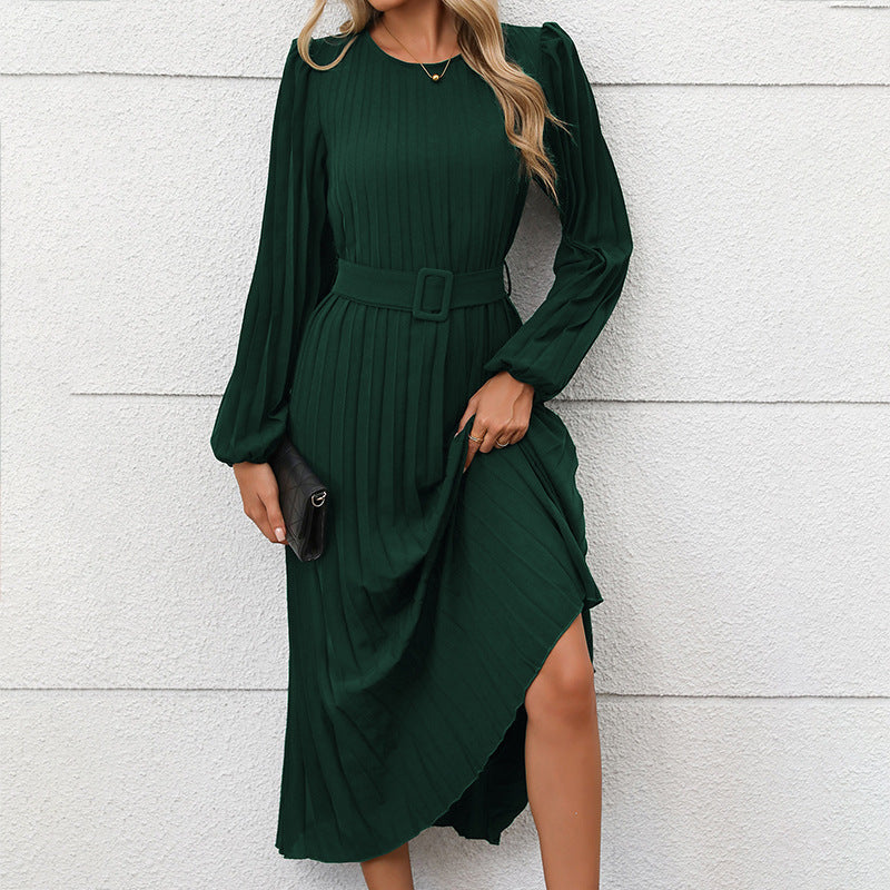 Long Sleeve Pleated Round Neck Dress For Women