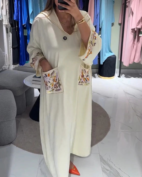 Casual Embroidered Hoodie Dress with Pockets & Relaxed Fit