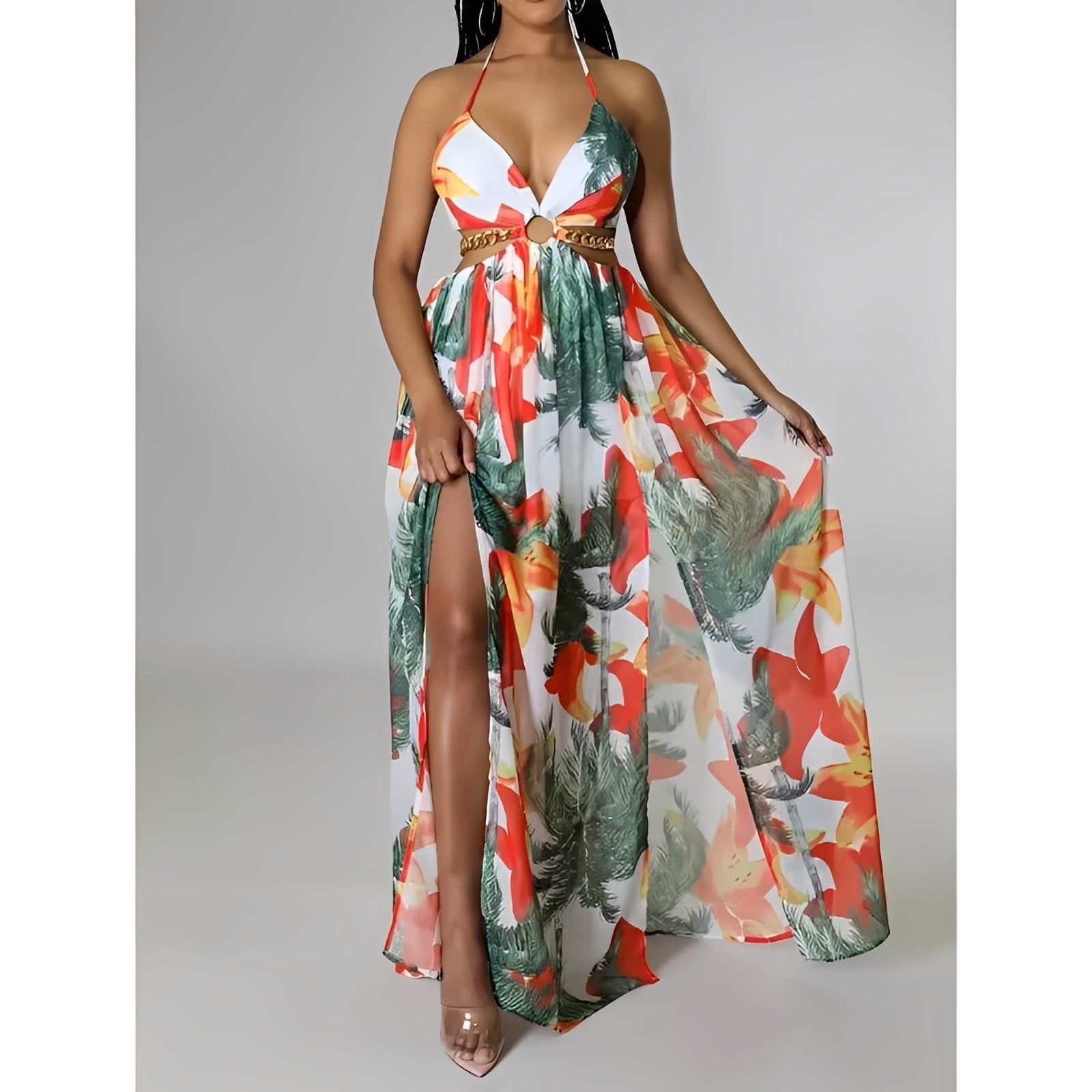 Floral Halter Split Maxi Dress — Backless Cut-Out Evening Look