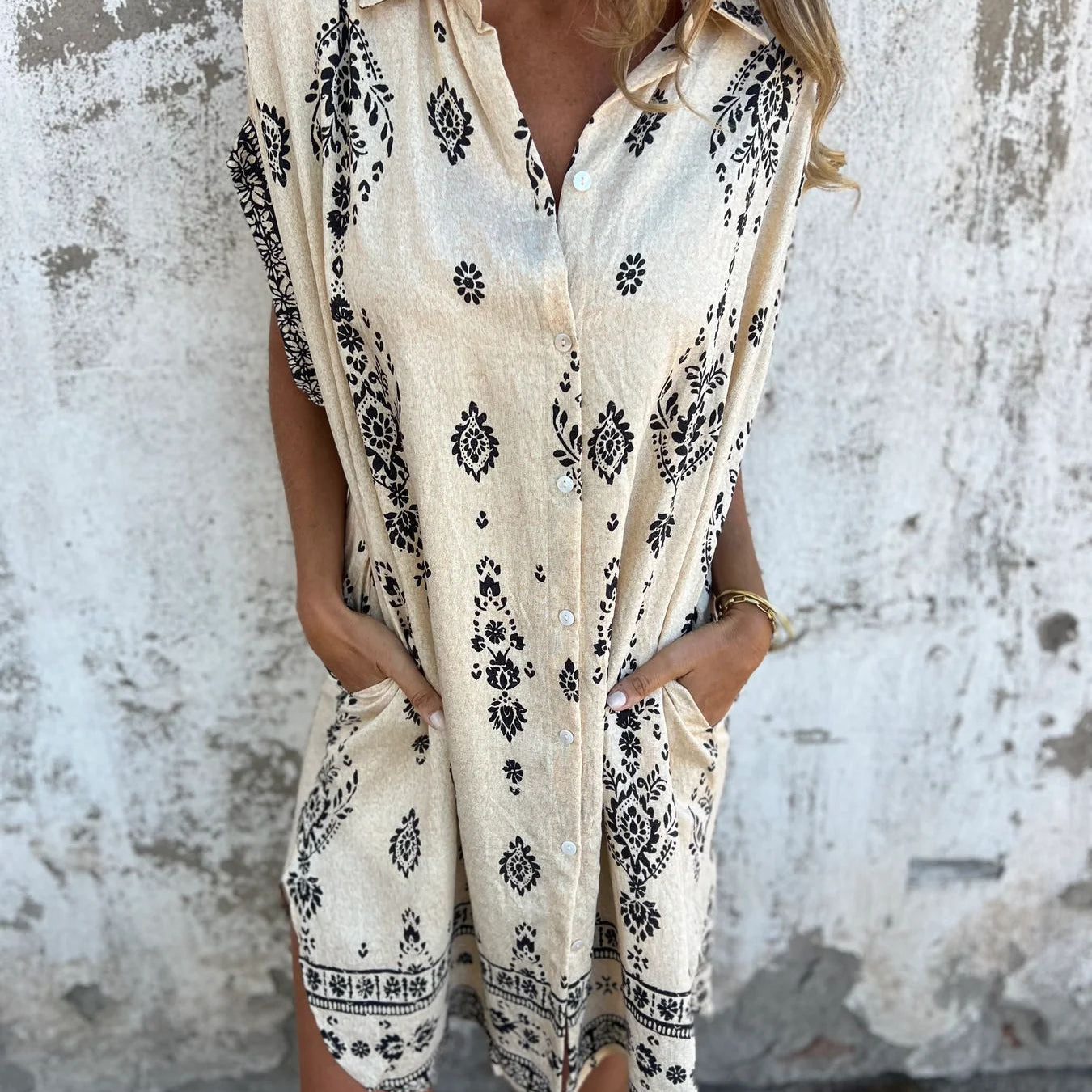 Loose Lapel Sleeveless Shirt Dress with Ethnic Print & Button Detail