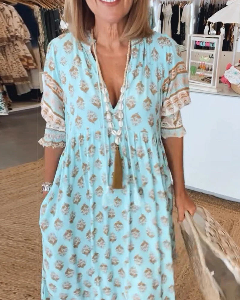 Casual Printed V-Neck Dress with Half Sleeves & Relaxed Fit