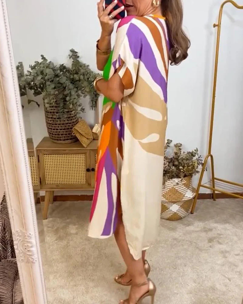 Colourful Relaxed Fit Dress with Leaf Print & Short Sleeves