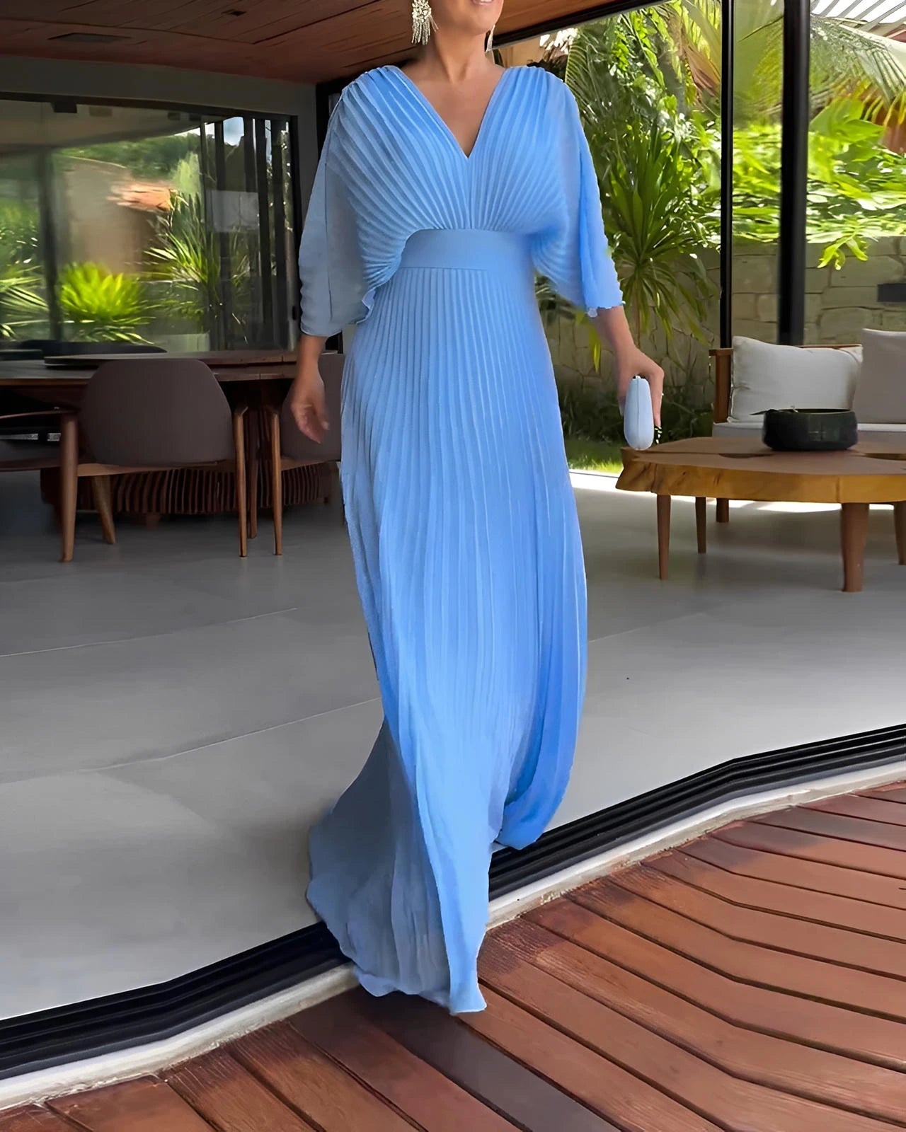 Pleated Midi Dress with Fitted Waist & Short Sleeves
