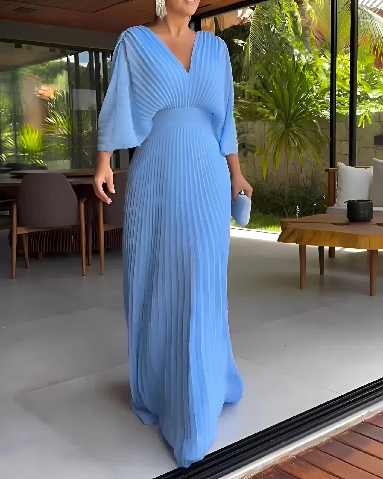 Pleated Midi Dress with Fitted Waist & Short Sleeves