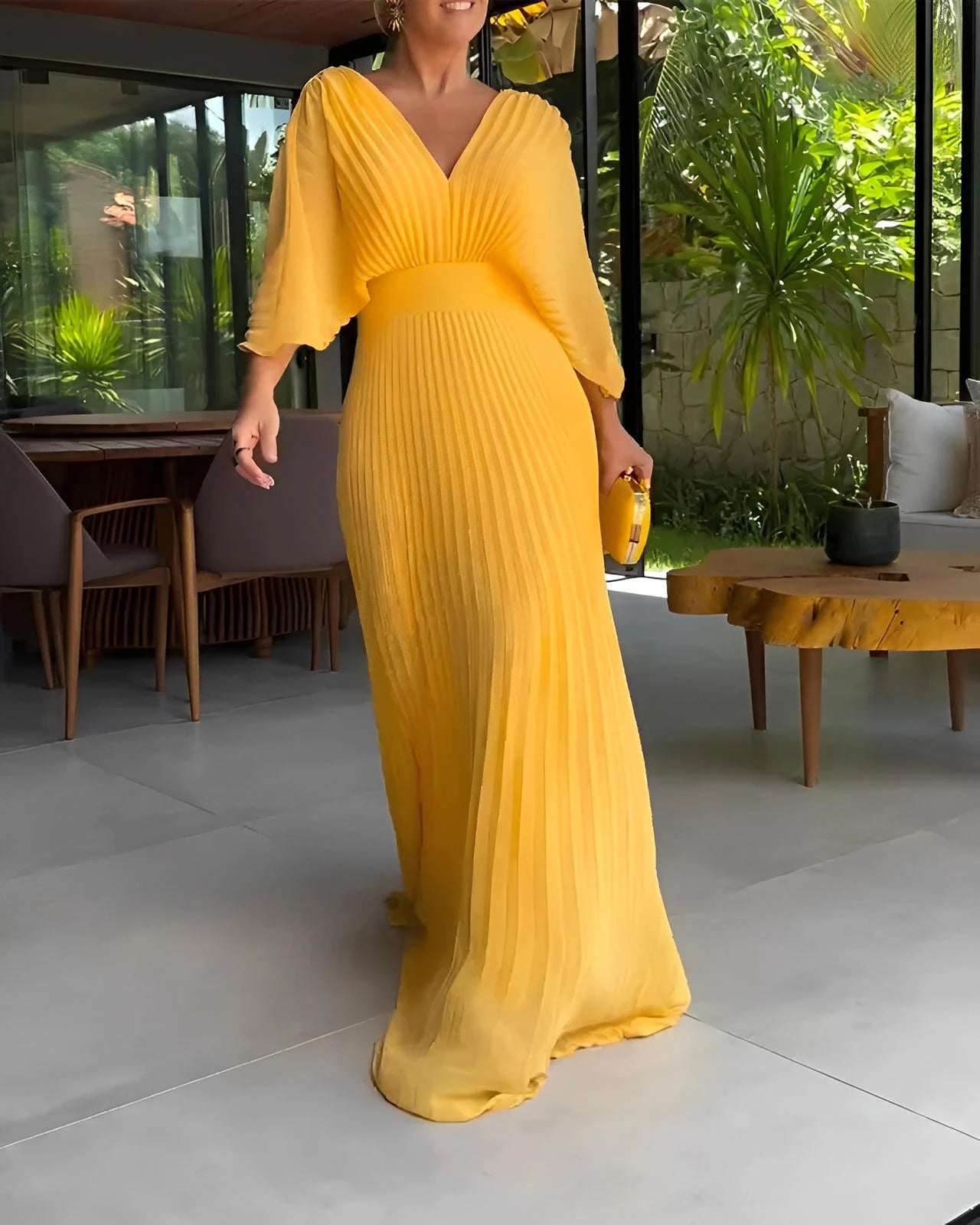 Pleated Midi Dress with Fitted Waist & Short Sleeves
