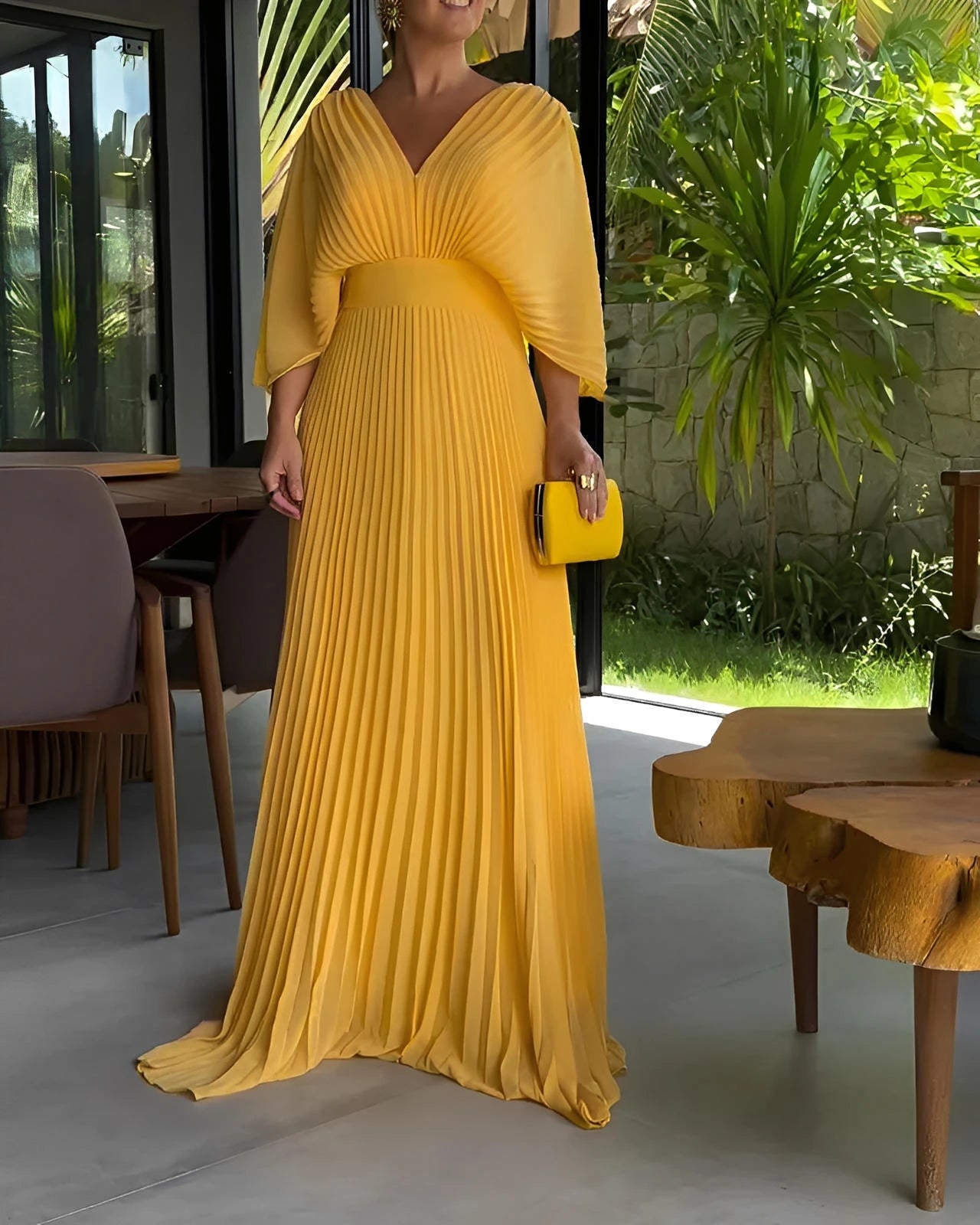 Pleated Midi Dress with Fitted Waist & Short Sleeves
