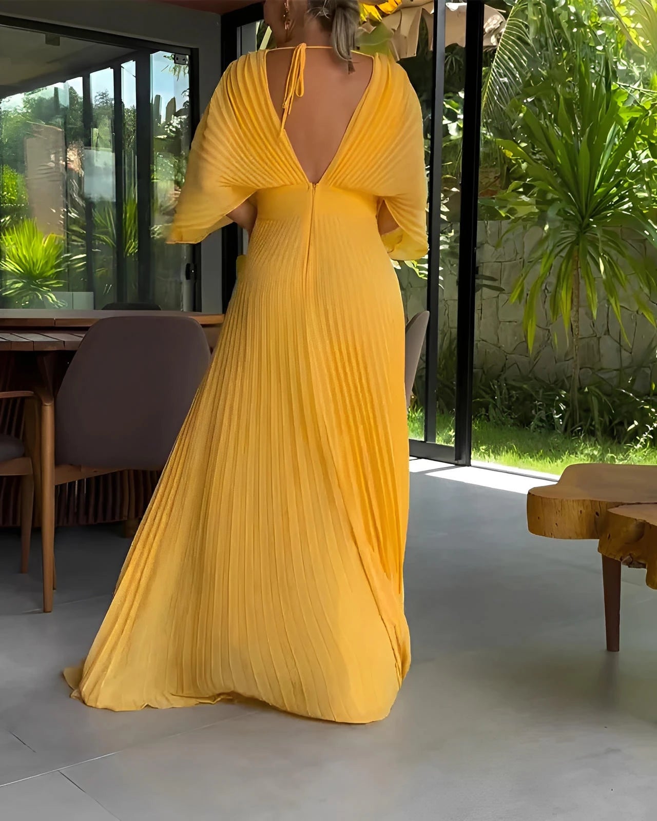 Pleated Midi Dress with Fitted Waist & Short Sleeves