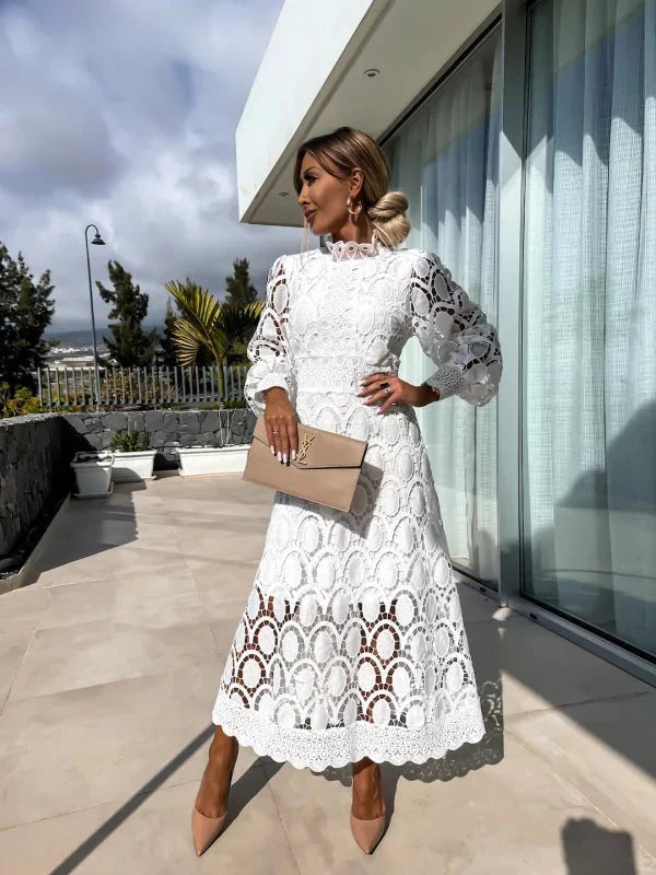 Elegant Romantic Lace Midi Dress with Sheer Sleeves