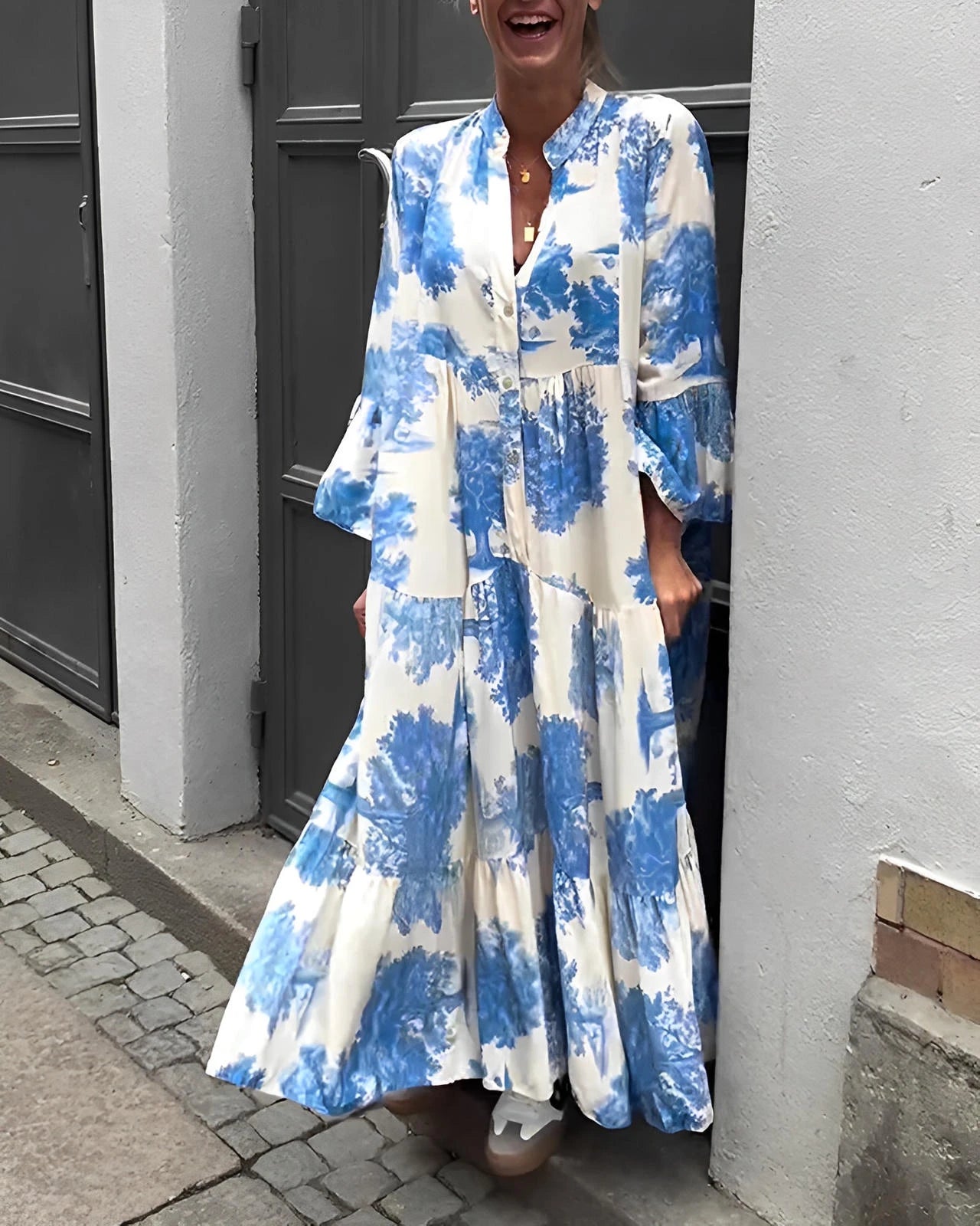Loose Printed V-Neck Patchwork Dress with Flared Sleeves