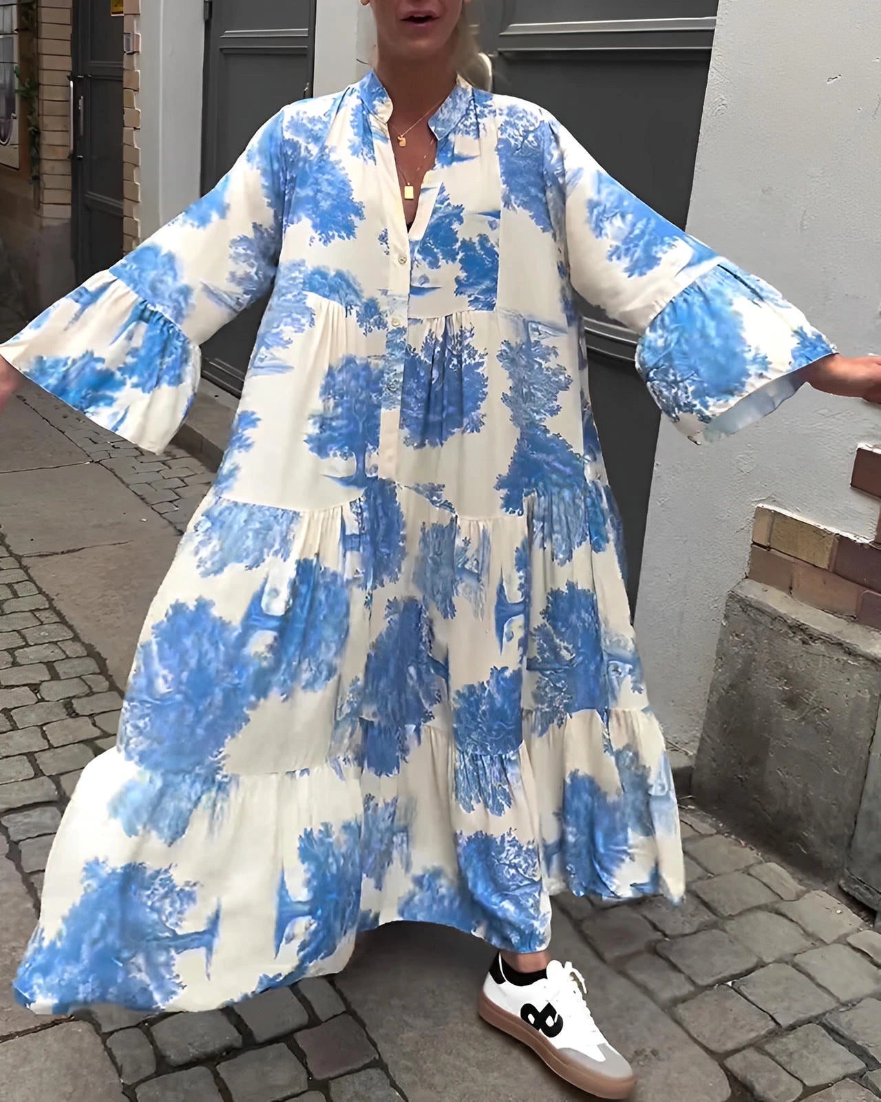 Loose Printed V-Neck Patchwork Dress with Flared Sleeves