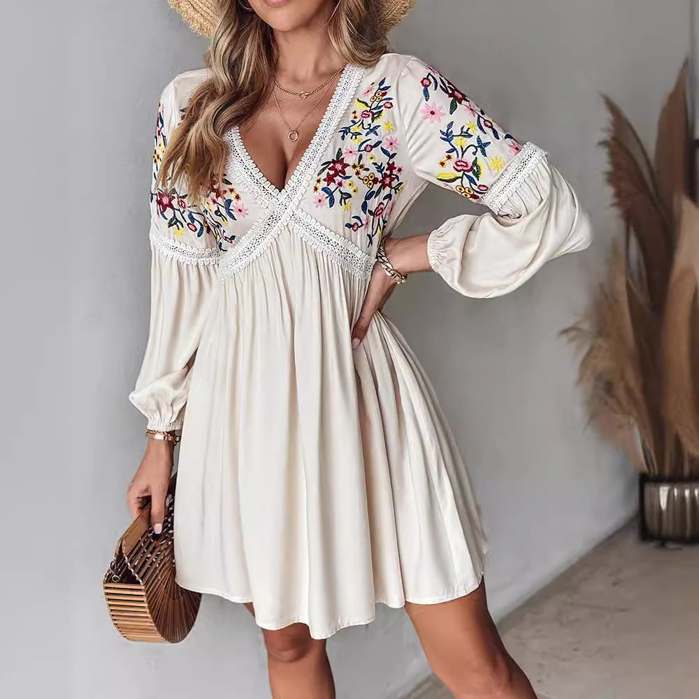 Women's Clothing Embroidered V-neck Casual Dress